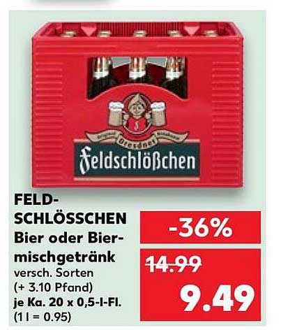 FELD-SCHLÖSSCHEN Bier oder Biermischgetränk versch. Sorten (+ 3.10 Pfand) je K. 20 x 0,5-l-Fl. (1 l = 0.95)
