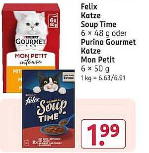 Felix Katze Soup Time 6 × 48 g oder Purina Gourmet Katze Mon Petit 6 × 50 g