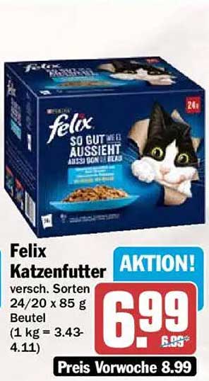 Felix Katzenfutter versch. Sorten 24/20 x 85 g Beutel (1 kg = 3.43-4.11)