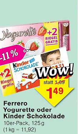 Ferrero Yogurette oder Kinder Schokolade 10er-Pack, 125g (1 kg = 11,92)