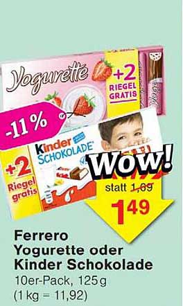 Ferrero Yogurette oder Kinder Schokolade 10er-Pack, 125g (1 kg = 11,92)