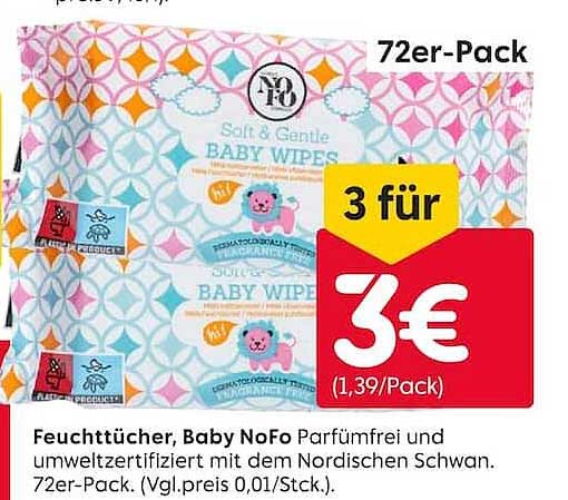 Feuchttücher, Baby NoFo Parfümfrei und umweltzertifiziert mit dem Nordischen Schwan. 72er-Pack. (Vgl.preis 0,01/Stck.)