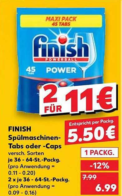 FINISH Spülmaschinen-Tabs oder -Caps versch. Sorten je 36 - 64-St.-Packg. (pro Anwendung = 0.11 - 0.20) 2 x je 36 - 64-St.-Packg. (pro Anwendung = 0.09 - 0.16)