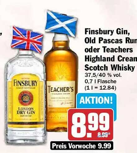 Finsbury Gin, Old Pascas Rum oder Teachers Highland Cream Scotch Whisky