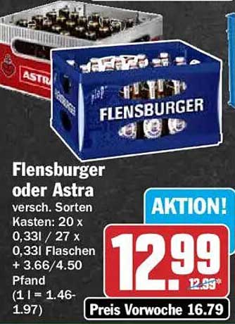 Flensburger oder Astra versch. Sorten Kasten: 20 x 0,33l / 27 x 0,33l Flaschen + 3,66/4,50 Pfand (1 l = 1,46-1,97)