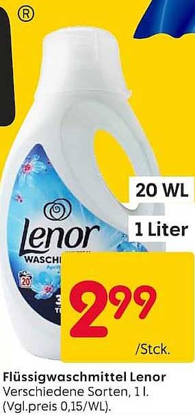 Flüssigwaschmittel Lenor Verschiedene Sorten, 1 l. (Vgl.preis 0,15/WL).