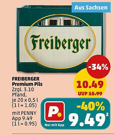 FREIBERGER Premium Pils Zzgl. 3.10 Pfand, je 20 x 0,5 l (1 l = 1.05) mit PENNY App 9.49 (1 l = 0.95)