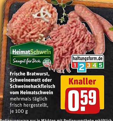 Frische Bratwurst, Schweinemett oder Schweinehackfleisch vom Heimatschwein mehrmals täglich frisch hergestellt, je 100 g