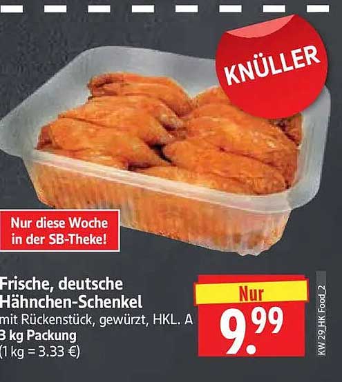 Frische, deutsche Hähnchen-Schenkel mit Rückenstück, gewürzt, HKL. A 3 kg Packung