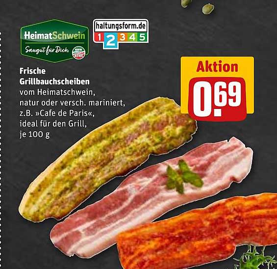 Frische Grillbauchscheiben vom HeimatSchwein, natur oder versch. mariniert, z. B. »Cafe de Paris«, ideal für den Grill, je 100 g