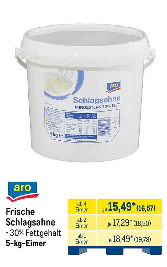 Frische Schlagsahne · 30% Fettgehalt 5-kg-Eimer