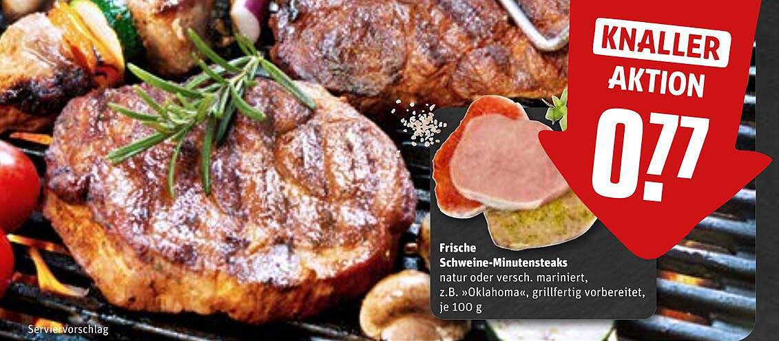 Frische Schweine-Minutensteaks natur oder versch. mariniert, z.B. »Oklahoma«, grillfertig vorbereitet, je 100 g