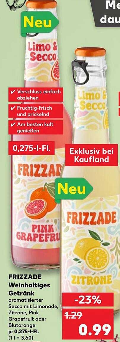FRIZZADE Weinhaltiges Getränk aromatisierter Secco mit Limonade, Zitrone, Pink Grapefruit oder Blutorange je 0,275-l-Fl.