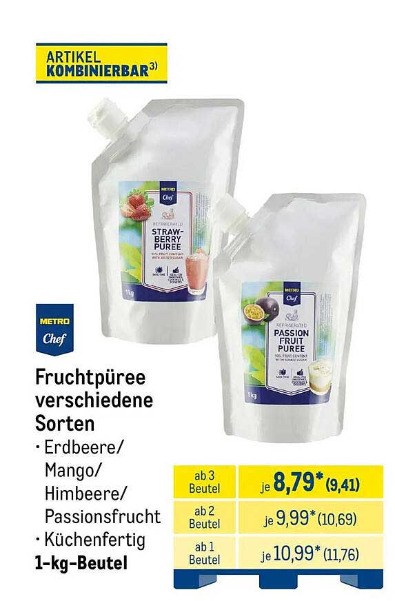 Fruchtpüree verschiedene Sorten • Erdbeere/Mango/Himbeere/Passionsfrucht • Küchenfertig 1-kg-Beutel