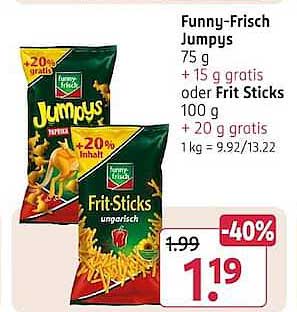 Funny-Frisch Jumpys 75 g + 15 g gratis oder Frit Sticks 100 g + 20 g gratis