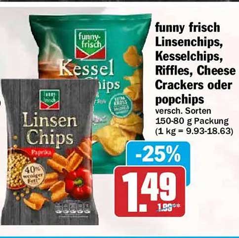 funny frisch Linsenchips, Kesselchips, Riffles, Cheese Crackers oder popchips