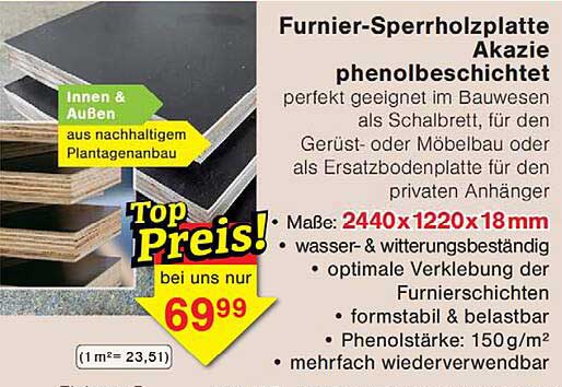 Furnier-Sperrholzplatte Akazie phenolbeschichtet
