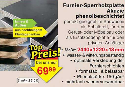 Furnier-Sperrholzplatte Akazie phenolbeschichtet