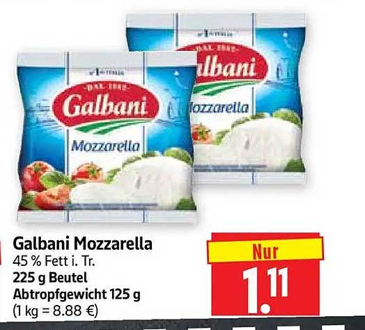 Galbani Mozzarella 45 % Fett i. Tr. 225 g Beutel Abtropfgewicht 125 g (1 kg = 8.88 €)