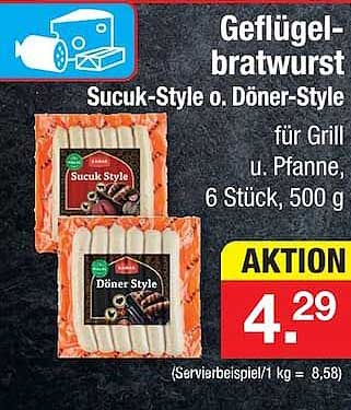 Geflügel-bratwurst Sucuk-Style o. Döner-Style für Grill u. Pfanne, 6 Stück, 500 g