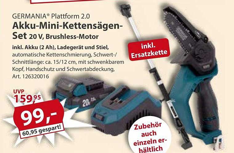 GERMANIA® Plattform 2.0 Akku-Mini-Kettensägen-Set 20 V, Brushless-Motor
