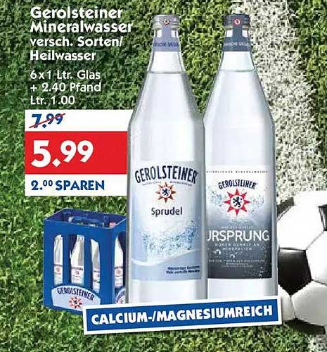 Gerolsteiner Mineralwasser versch. Sorten/Heilwasser 6 x 1 Ltr. Glas + 2.40 Pfand Ltr. 1.00