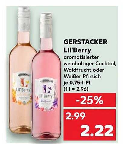 GERSTACKER Lil'Berry aromatisierter weinhaltiger Cocktail, Waldfrucht oder Weißer Pfirsich je 0,75-l-Fl. (1 l = 2.96)