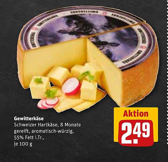 Gewitterkäse Schweizer Hartkäse, 8 Monate gereift, aromatisch-würzig, 55% Fett i.Tr., je 100 g