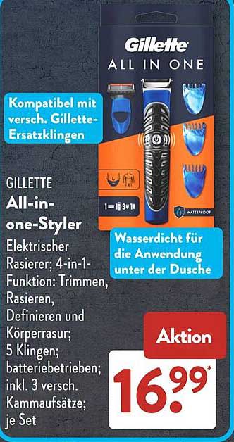 GILLETTE All-in-one-Styler Elektrischer Rasierer; 4-in-1 Funktion: Trimmen, Rasieren, Definieren und Körperrasur; 5 Klingen; batteriebetrieben; inkl. 3 versch. Kammaufsätze; je Set