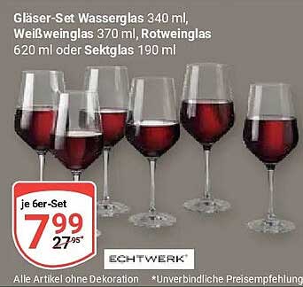Gläser-Set Wasserglas 340 ml, Weißweinglas 370 ml, Rotweinglas 620 ml oder Sektglas 190 ml