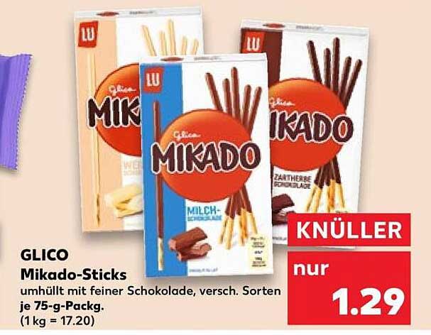 GLICO Mikado-Sticks umhüllt mit feiner Schokolade, versch. Sorten je 75-g-Pack. (1 kg = 17.20)