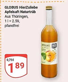 GLOBUS HierZuliebe Apfelsaft Naturtrüb Aus Thüringen, 1 l = 2,59, pfandfrei