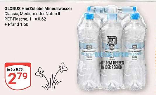 GLOBUS Hierzuliebe Mineralwasser Classic, Medium oder Naturell PET-Flasche, 1 l = 0.62 + Pfand 1.50