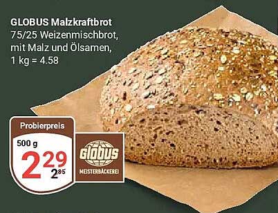 GLOBUS Malzkraftbrot 75/25 Weizenmischbrot, mit Malz und Ölsamen, 1 kg = 4.58