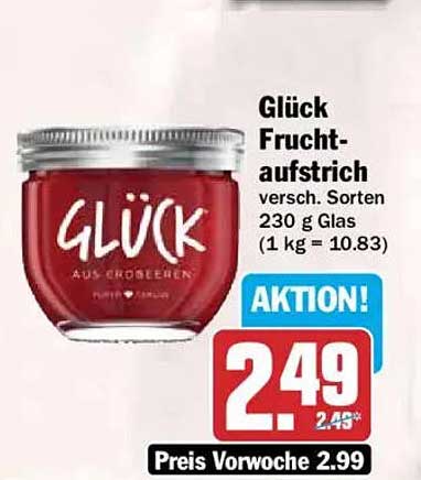 Glück Fruchtaufstrich versch. Sorten 230 g Glas (1 kg = 10.83)