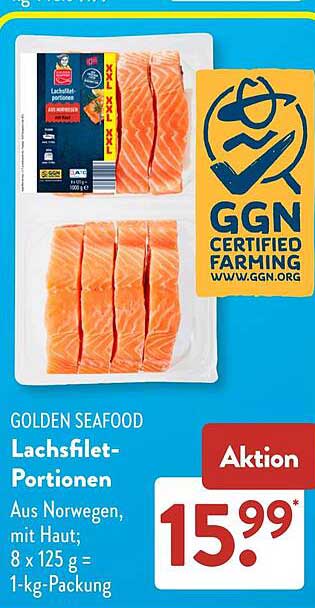 GOLDEN SEAFOOD Lachsfilet-Portionen Aus Norwegen, mit Haut; 8 x 125 g = 1-kg-Packung