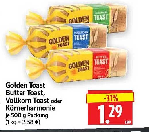 Golden Toast Butter Toast, Vollkorn Toast oder Körnerharmonie je 500 g Packung