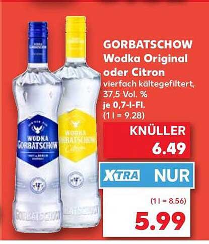 GORBATSCHOW Wodka Original oder Citron vierfach kaltgefiltert, 37,5 Vol. % je 0,7-l-Fl.