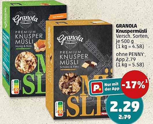 GRANOLA Knuspermüsli Versch. Sorten, je 500 g (1 kg = 4.58) ohne PENNY App 2.79 (1 kg = 5.58)