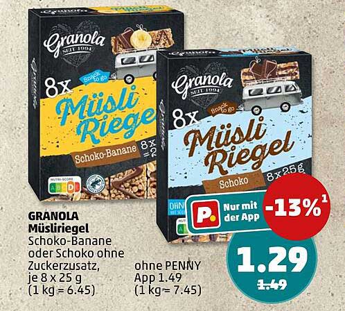 GRANOLA Müsliriegel Schoko-Banane oder Schoko ohne Zuckerzusatz, je 8 x 25 g (1 kg = 6.45)
