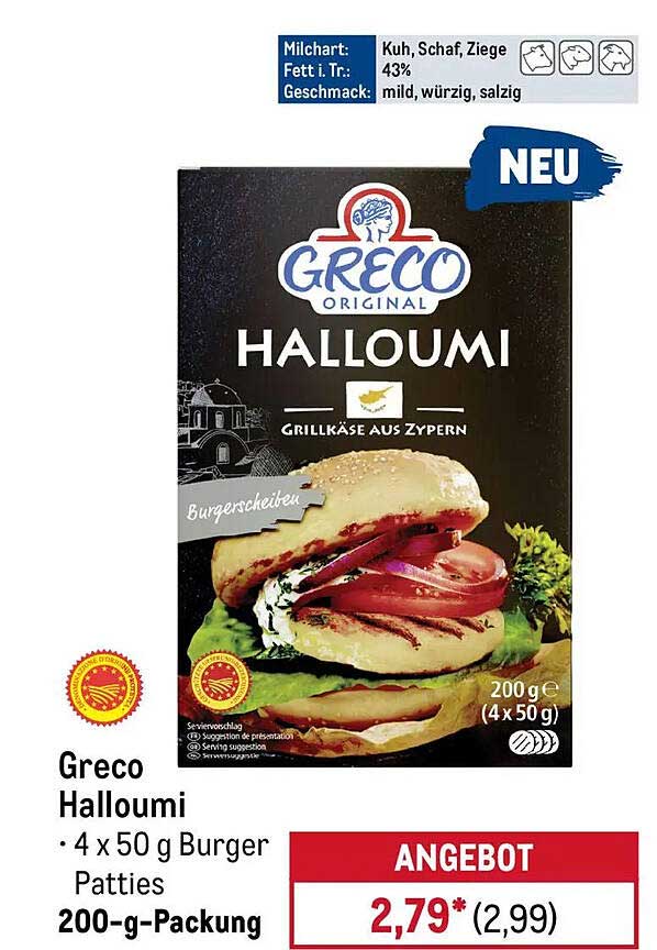 Greco Halloumi • 4 x 50 g Burger Patties 200-g-Packung