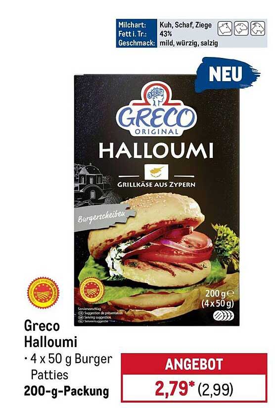 Greco Halloumi • 4 x 50 g Burger Patties • 200-g-Packung