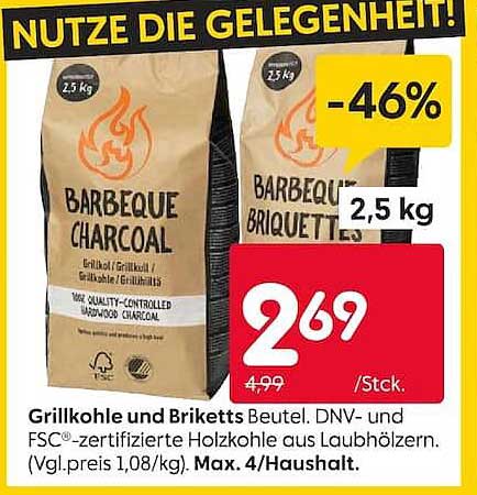 Grillkohle und Briketts Beutel. DNV- und FSC®-zertifizierte Holzkohle aus Laubhölzern.