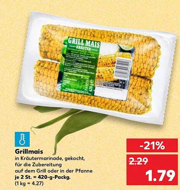 Grillmais in Kräutermarinade, gekocht, für die Zubereitung auf dem Grill oder in der Pfanne je 2 St. = 420-g-Packg. (1 kg = 4.27)