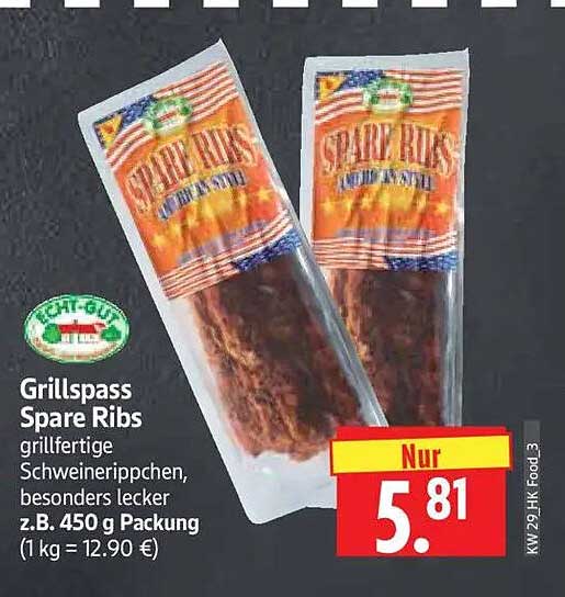 Grillspass Spare Ribs grillfertige Schweinerippchen, besonders lecker z.B. 450 g Packung (1 kg = 12.90 €)
