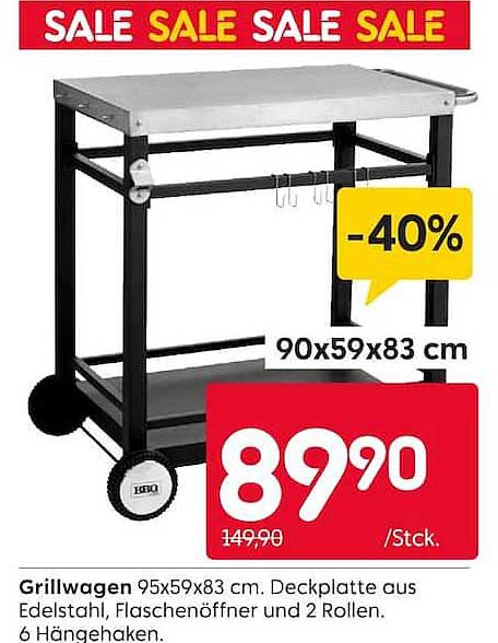 Grillwagen 95x59x83 cm. Deckplatte aus Edelstahl, Flaschenöffner und 2 Rollen. 6 Hängehaken.