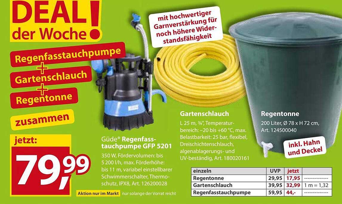 Güde® Regenfass-tauchpumpe GFP 5201 + Gartenschlauch + Regentonne zusammen