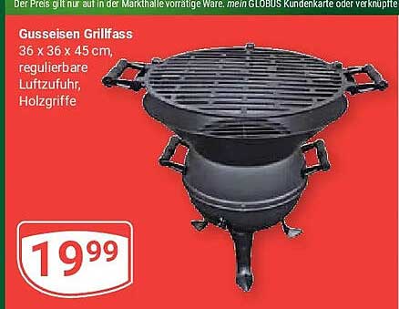 Gusseisen Grillfass 36 x 36 x 45 cm, regulierbare Luftzufuhr, Holzgriffe