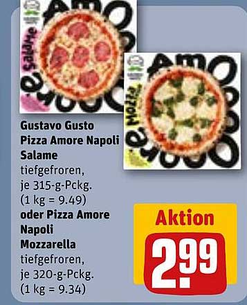 Gustavo Gusto Pizza Amore Napoli Salame tiefgefroren, je 315-g-Pckg. (1 kg = 9.49) oder Pizza Amore Napoli Mozzarella tiefgefroren, je 320-g-Pckg. (1 kg = 9.34)