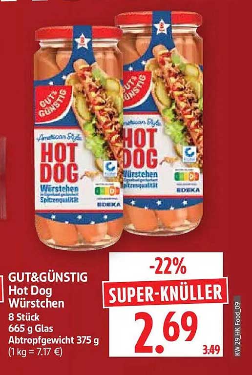 GUT&GÜNSTIG Hot Dog Würstchen 8 Stück 665 g Glas Abtropfgewicht 375 g